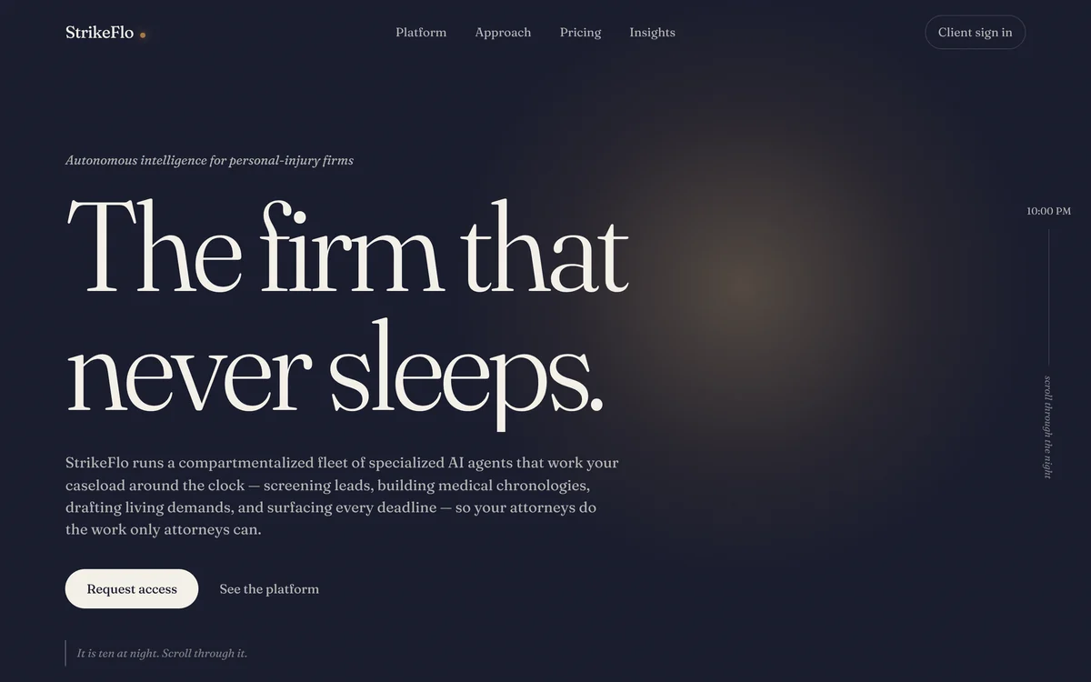 StrikeFlo landing page: The firm that never sleeps. Autonomous intelligence for personal-injury firms.